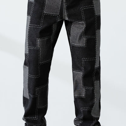 Men's Casual Checkered Straight-Leg Loose Jeans
