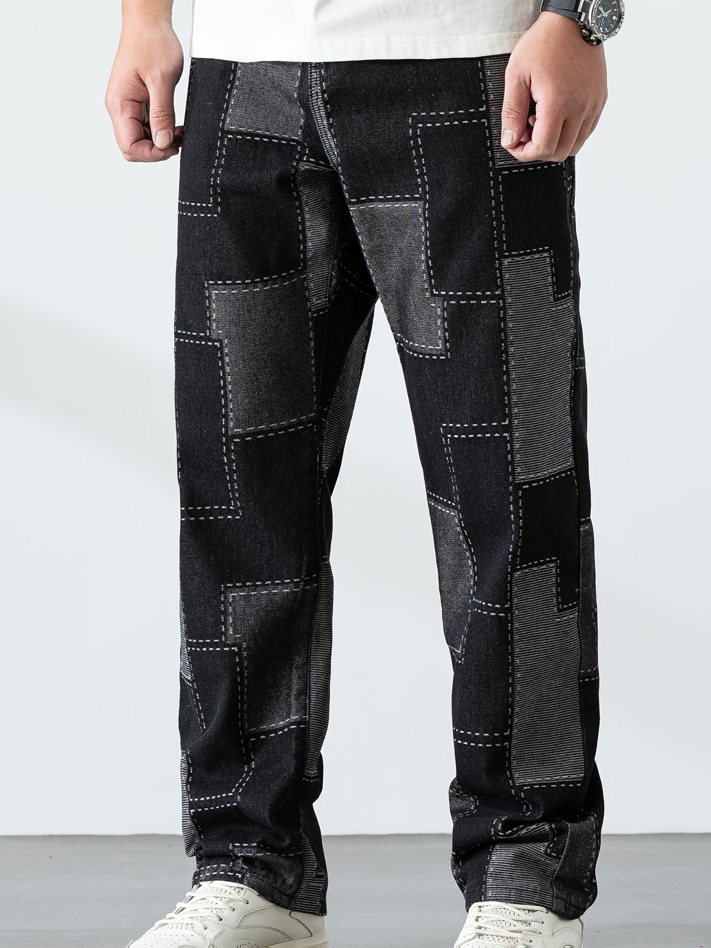 Men's Casual Checkered Straight-Leg Loose Jeans