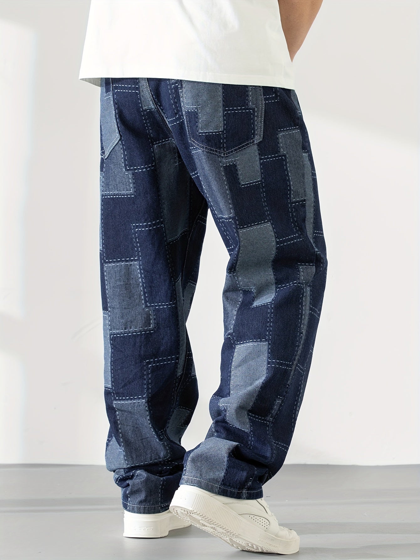 Men's Casual Checkered Straight-Leg Loose Jeans
