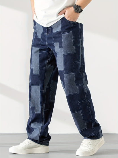 Men's Casual Checkered Straight-Leg Loose Jeans