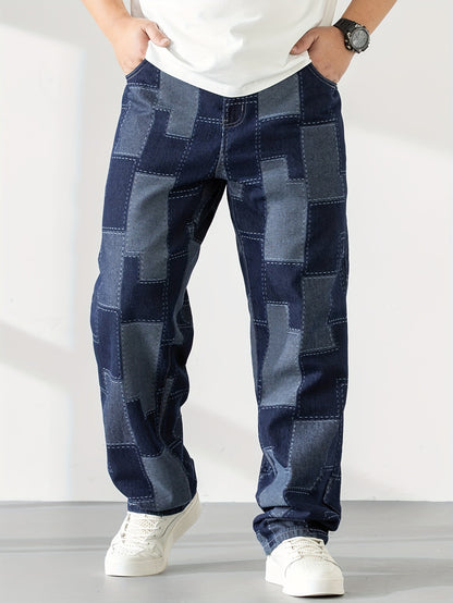 Men's Casual Checkered Straight-Leg Loose Jeans