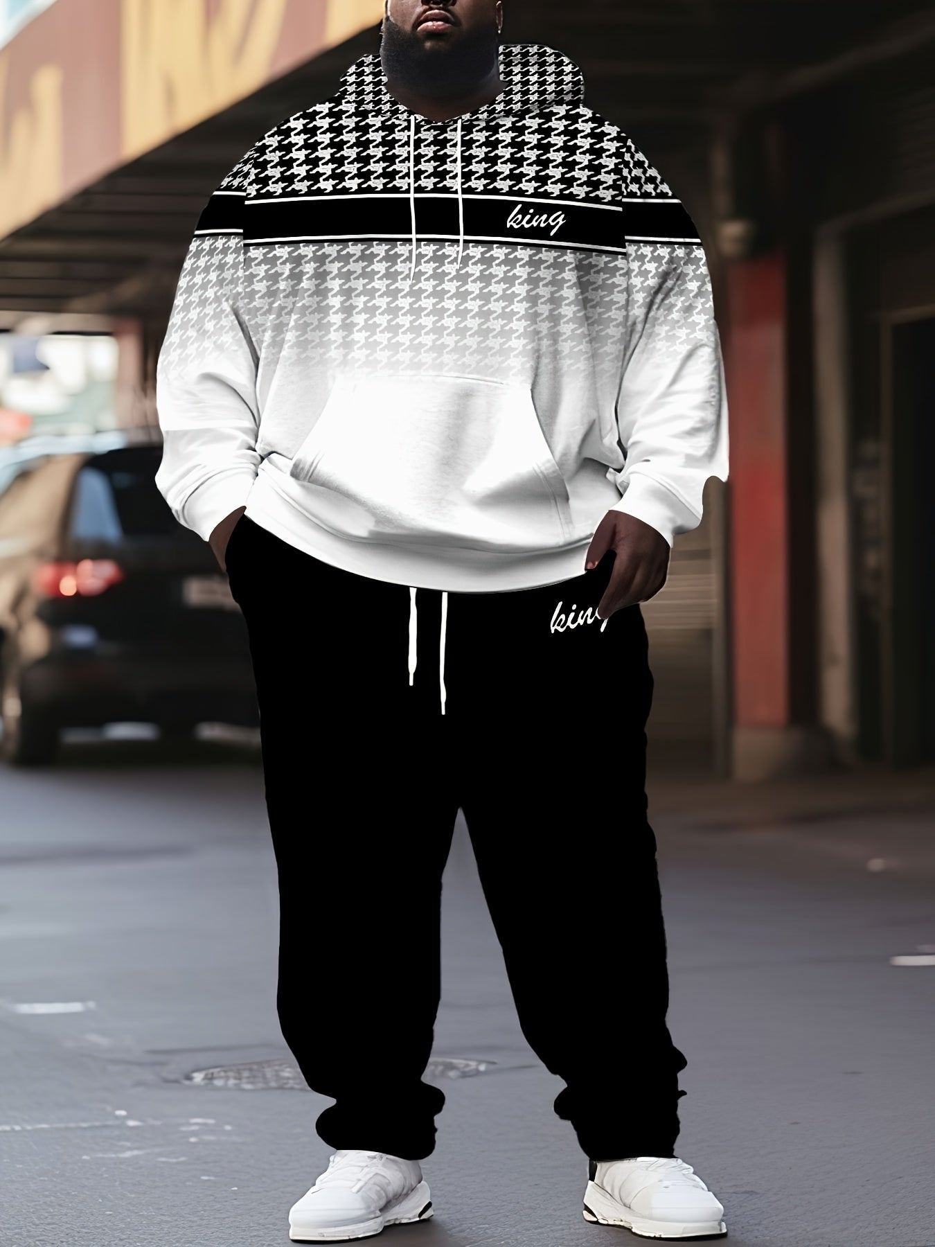 Plus Size Men's 'king' Letter Print Plaid Hooded Long Sleeve Sweatshirt and Pants Set