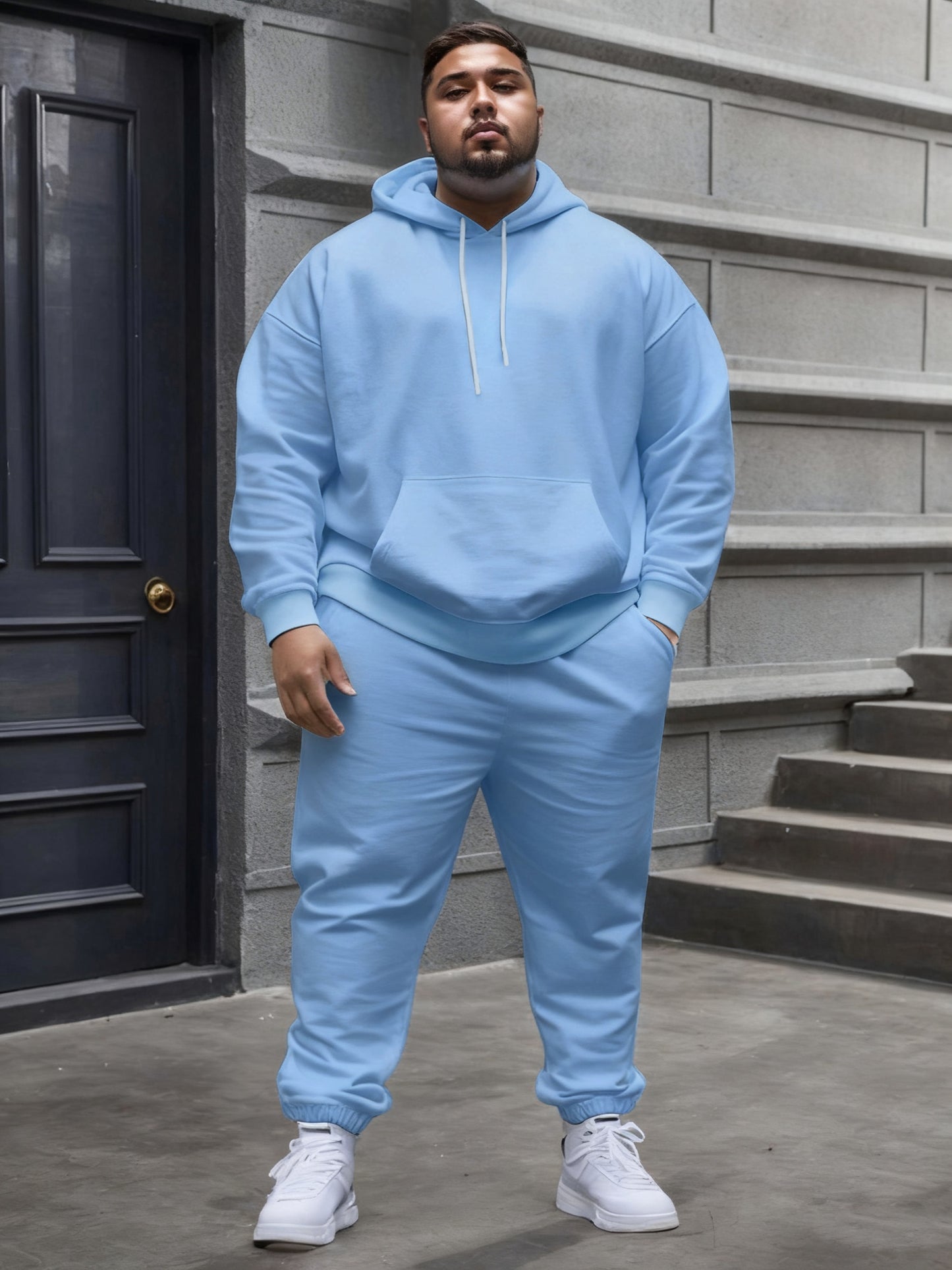 Plus Size Men's Hooded Fleece-Lined Sweatshirt Casual Set