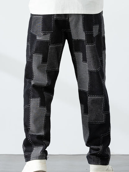 Men's Casual Checkered Straight-Leg Loose Jeans