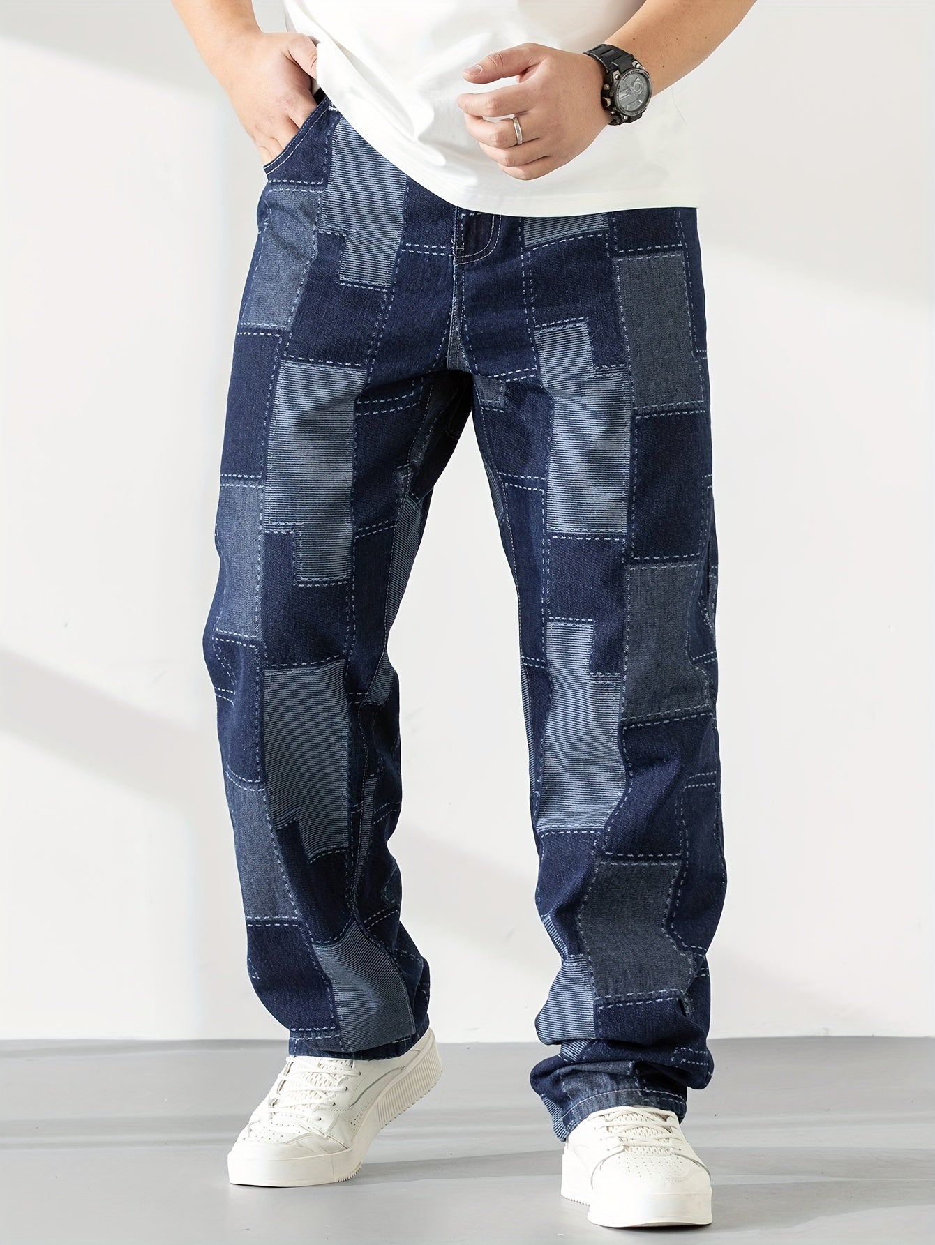 Men's Casual Checkered Straight-Leg Loose Jeans