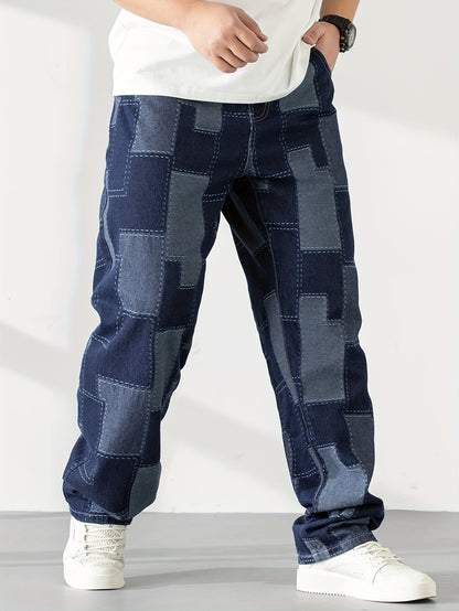 Men's Casual Checkered Straight-Leg Loose Jeans