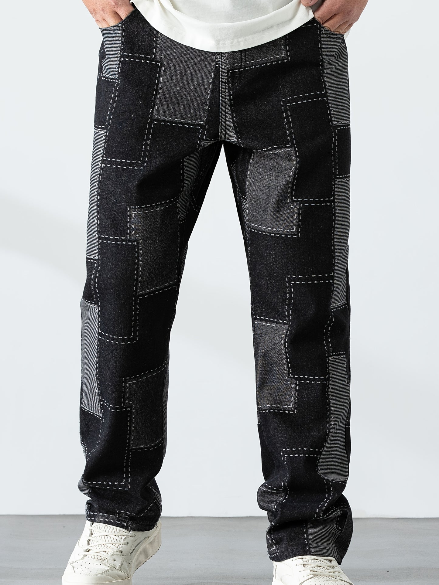 Men's Casual Checkered Straight-Leg Loose Jeans