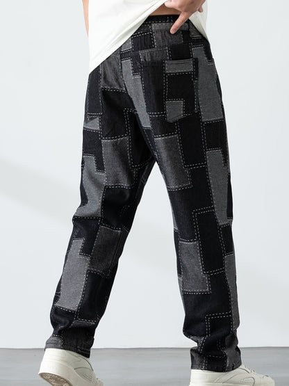 Men's Casual Checkered Straight-Leg Loose Jeans