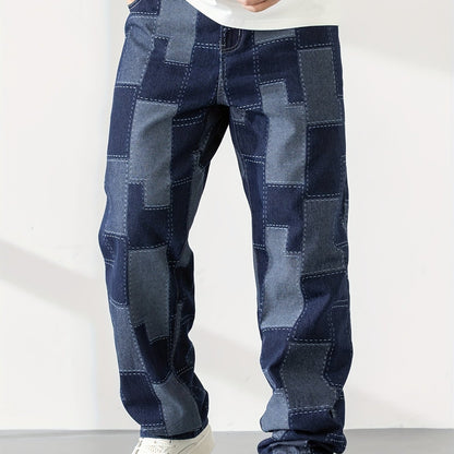 Men's Casual Checkered Straight-Leg Loose Jeans