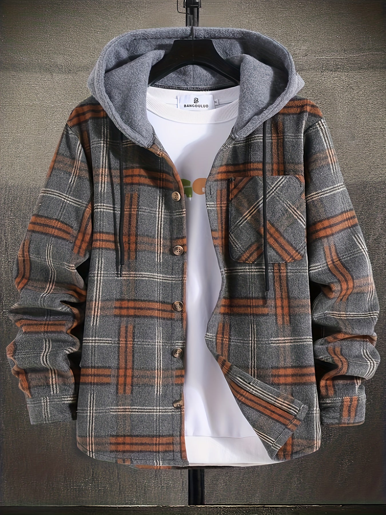 Men's Plus Size Casual Plaid Hooded Jacket