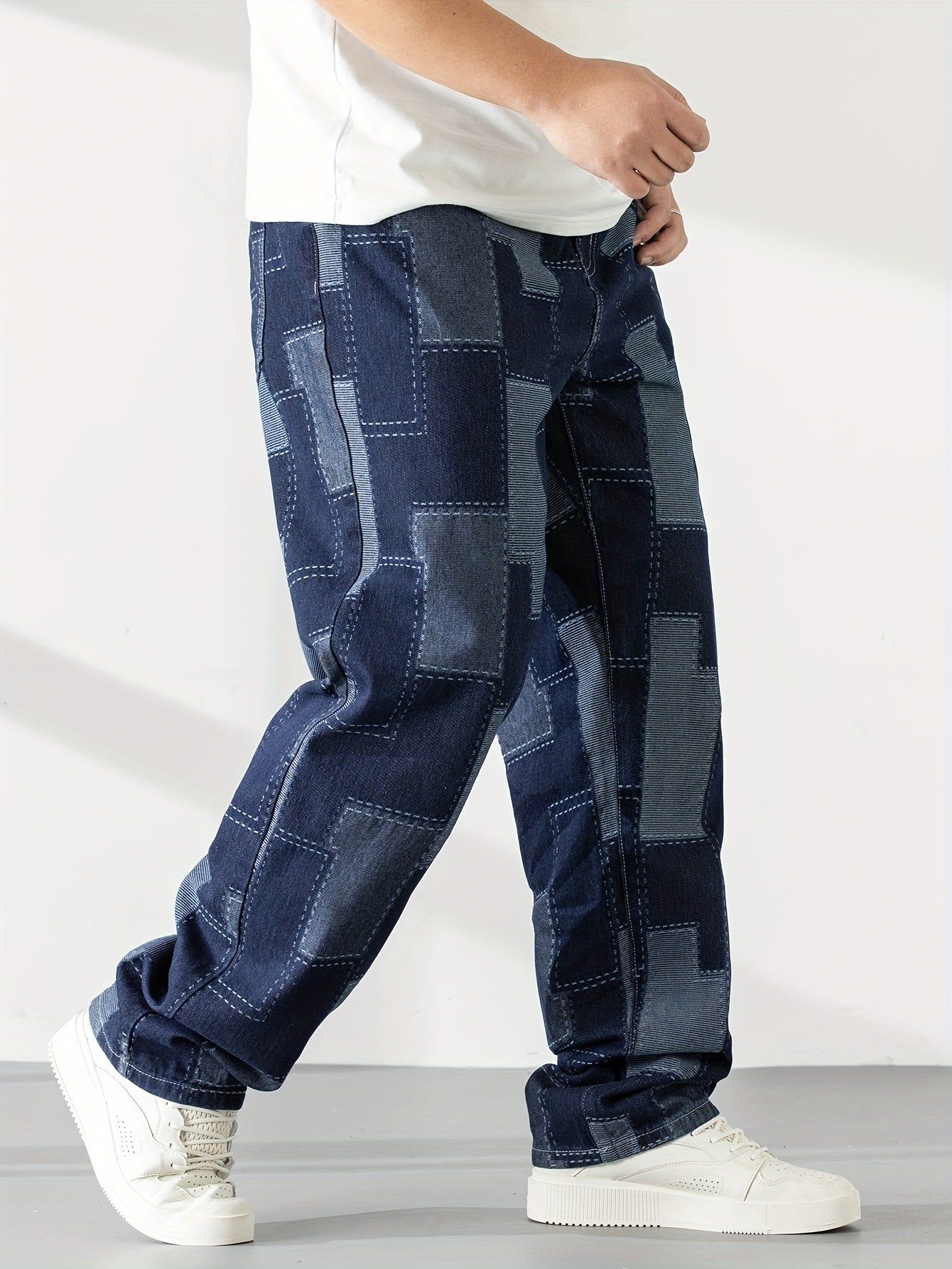 Men's Casual Checkered Straight-Leg Loose Jeans
