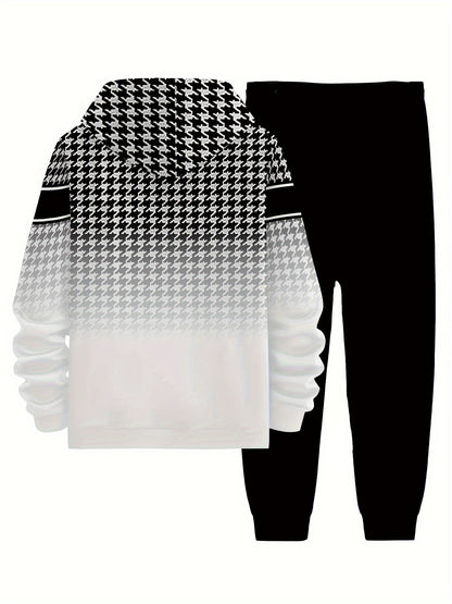 Plus Size Men's 'king' Letter Print Plaid Hooded Long Sleeve Sweatshirt and Pants Set