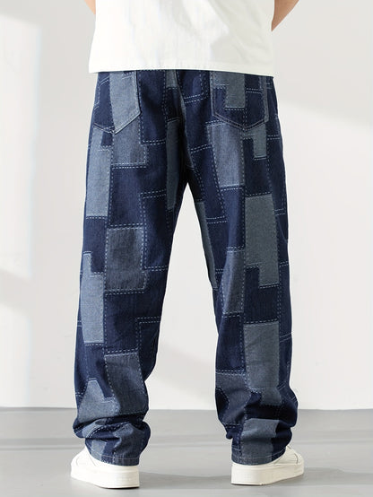 Men's Casual Checkered Straight-Leg Loose Jeans