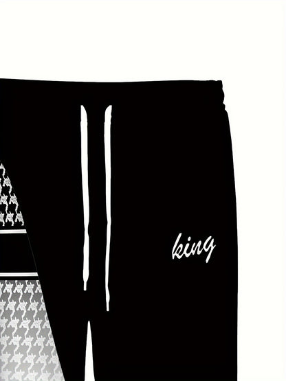 Plus Size Men's 'king' Letter Print Plaid Hooded Long Sleeve Sweatshirt and Pants Set