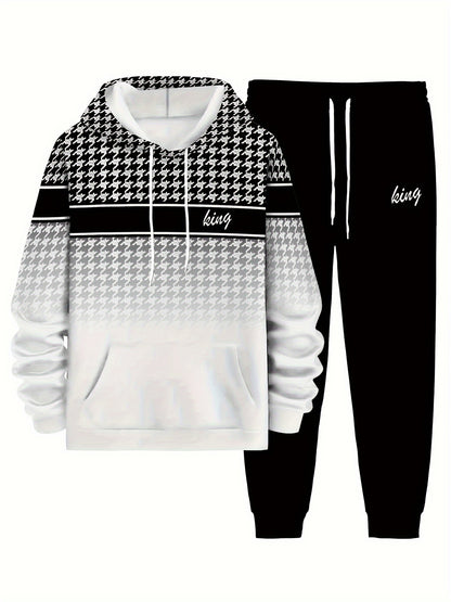 Plus Size Men's 'king' Letter Print Plaid Hooded Long Sleeve Sweatshirt and Pants Set