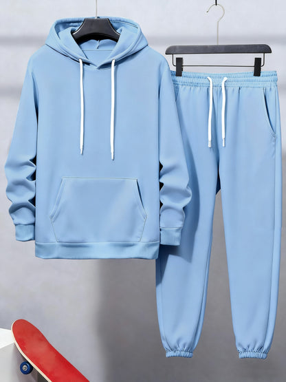 Plus Size Men's Hooded Fleece-Lined Sweatshirt Casual Set