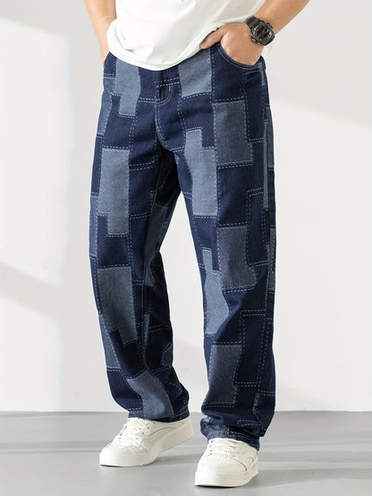 Men's Casual Checkered Straight-Leg Loose Jeans